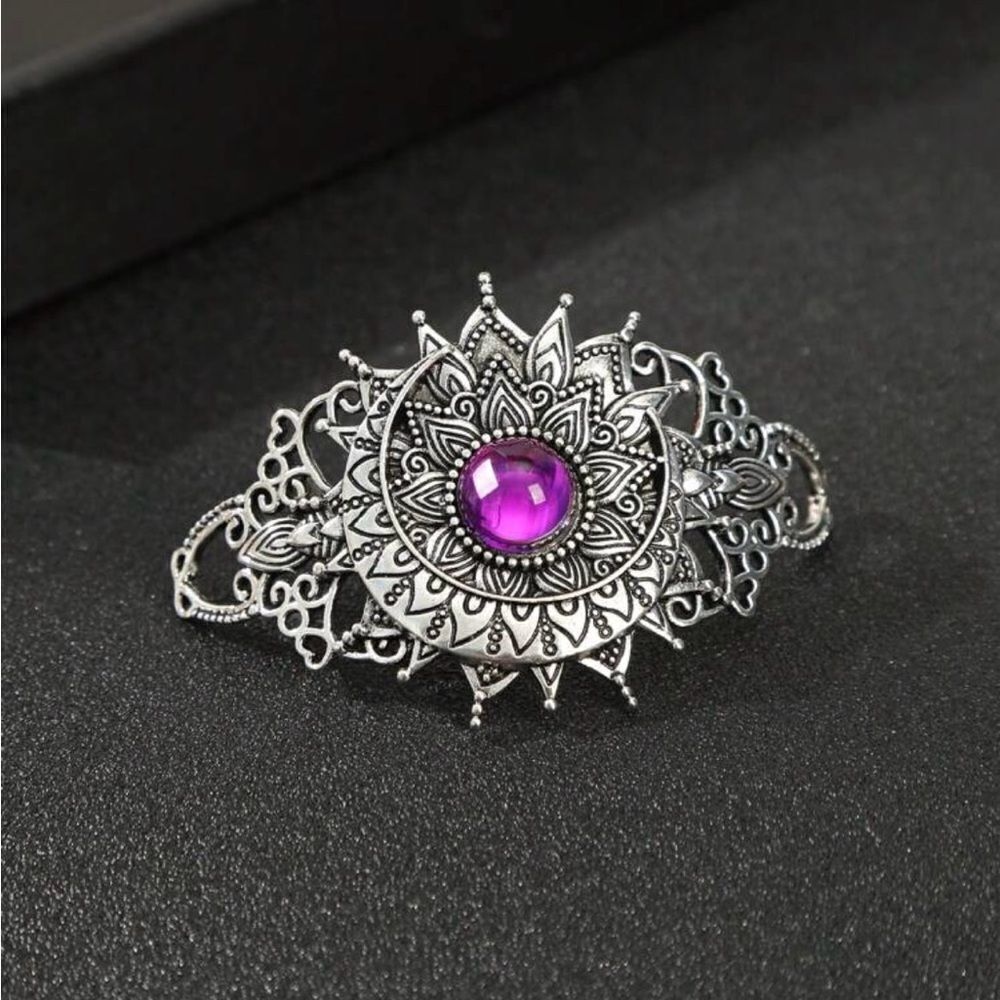 Bohemian Hair Accessory Silver Tone Purple Accent Stone, Engraved Details